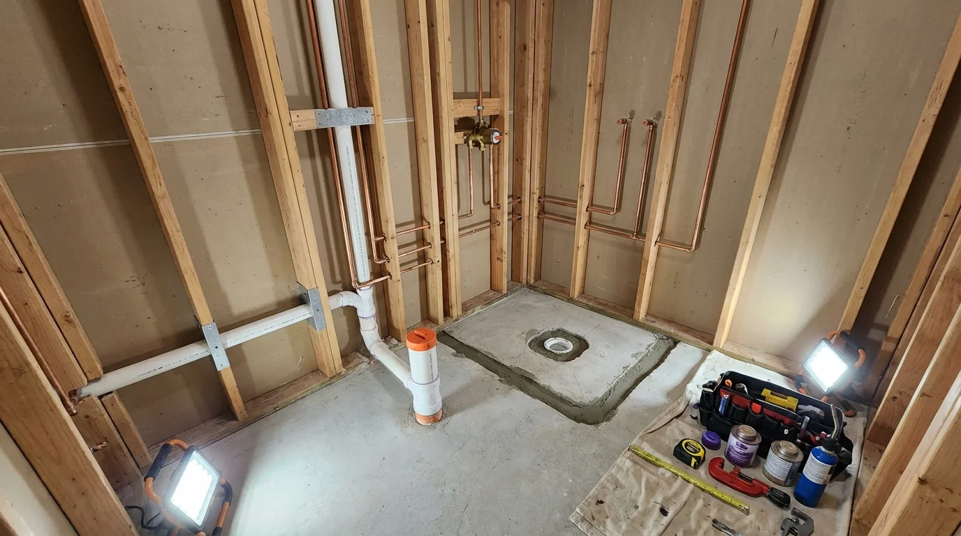 Bathroom rough-in plumbing during remodel by Johns Plumbing LLC in Santa Anna