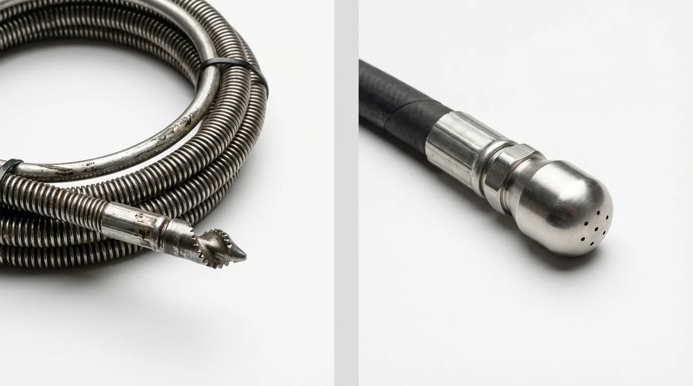Drain snake cable and hydro jetting nozzle used for drain cleaning in Santa Anna, TX