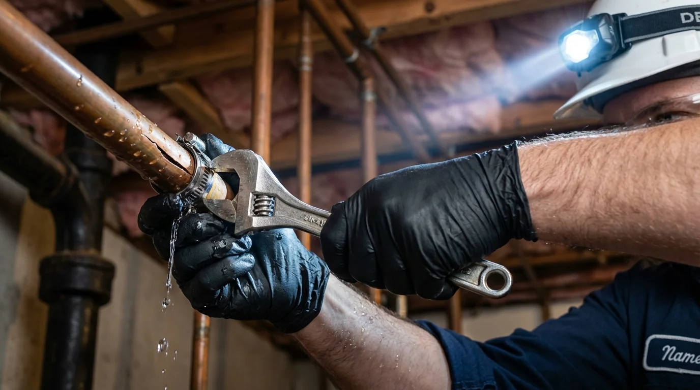 Emergency pipe clamp repair being performed by a Johns Plumbing LLC plumber in Santa Anna