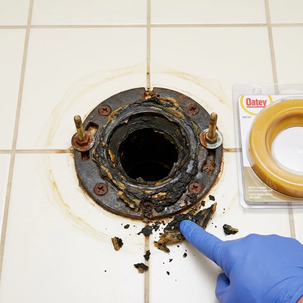 Failed wax ring showing water seepage at the base of a toilet in a Santa Anna, TX home