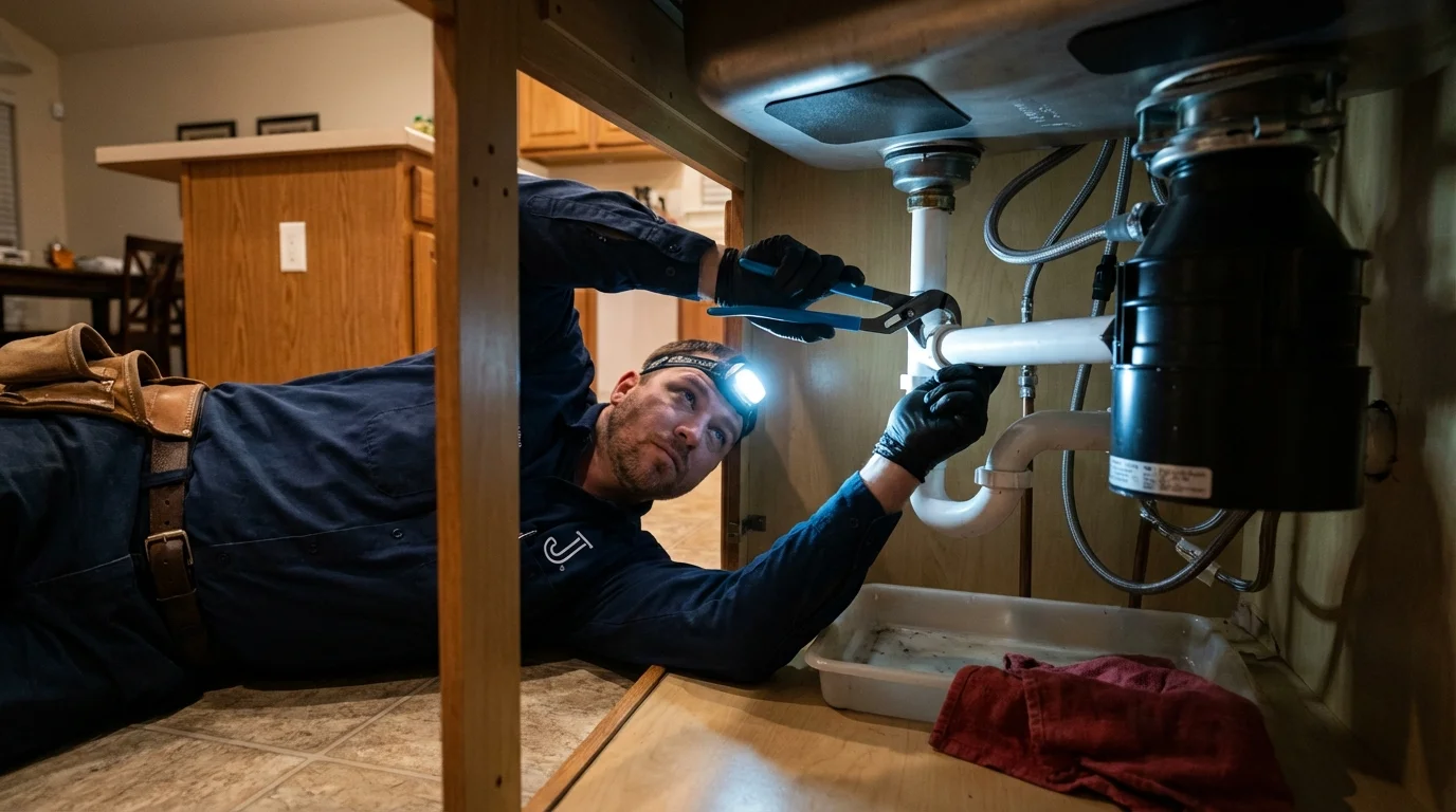 P-trap and supply line connections under a kitchen sink showing a common leak point in Santa Anna, TX